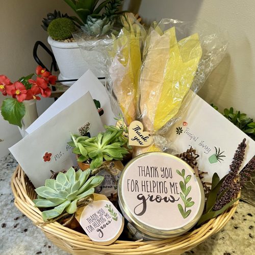 teacher appreciation week succulent, bath bomb and candle gift basket